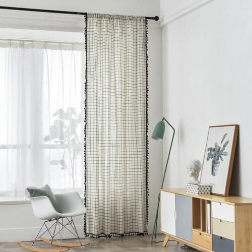Check Plaid Semi-Blackout Window Curtain Darkening Farmhouse Cotton Linen with Tassels Rod Pocket for Living Room Bedroom TJ6478