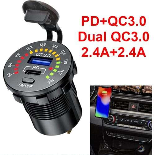 QC3.0 4.8A Dual USB Type C PD Charger Socket Flow Voltmeter Switch 36W Outlet Fast Charging for 12V Car Boat Motorcycle Truck RV