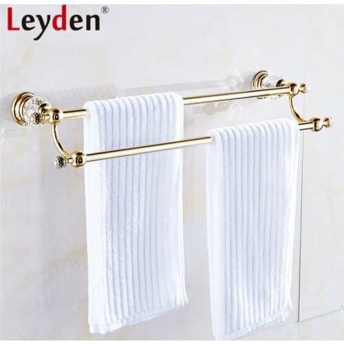 Leyden Luxury Crystal Towel Holder Gold Finish Double Towel Bar Clothes Hanger Wall Mounted Towel Hanger Bathroom Accessories