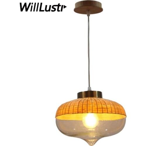 Hand Knitted Bamboo Pendant Light Glass Hanging Lamp Restaurant Hotel Bedroom Dinning Room Creative Handmade Suspension Lighting