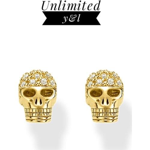 Gold Color Skull Stud Earrings for Women Men Punk Thomas Style White Zirconia Skeleton Ear Stud Silver Fashion Jewelry Gifts