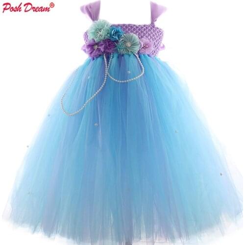 POSH DREAM Children Clothes Little Mermaid Fancy Kid Girls Mermaid Dresses Princess Ariel with Headband Cosplay Halloween