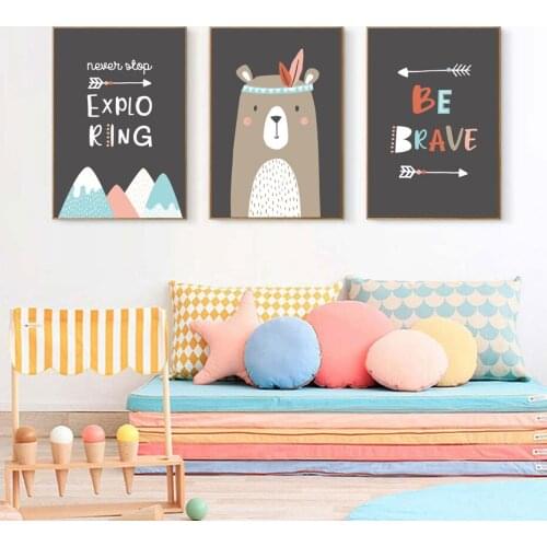 Dark Nursery Quotes Canvas Painting Be Brave Wall Art Kids Never Stop Explo Hope Bear Printed Picture for Baby Room Home Decor