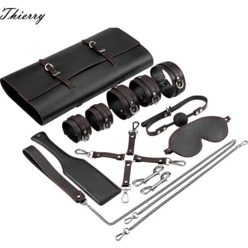 Thierry Erotic Bed Bondage Kits Slave Restraint Bondage Set PU leather Handcuffs Collar Gag Whip Adult Sex Toys For Women Couple