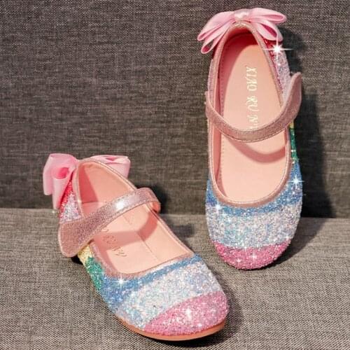 7-16 Year Children Princess Shoes Girls Rainbow Color Sequined Bow Dress Shoes Kids Casual Student Shoes Sandals