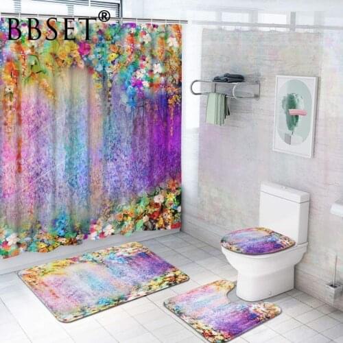 Color Flower Vine Waterproof Print Shower Curtain 4 Piece Toilet Lid Cover Anti-slip Soft Rugs Bath Mat Bathroom Set Home Decor
