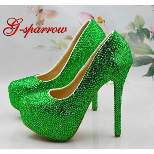 Green Rhinestone Party Prom Shoes 14cm High Heel Wedding Bride Shoes Lady Performance Dancing Shoes Mother Anniversary Pumps