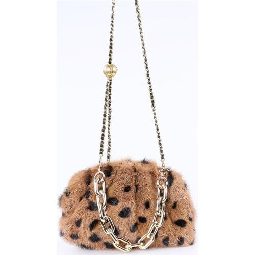 New Arrival Women Real Mink Fur Handbag Purse New Fashion Beauty Cosmetic Bag Leopard Print Color