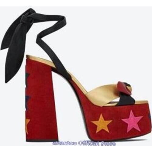 2020 Summer Block ultra-high heeled printed leather platform cross knot open-toe ankle strap high heel sandals women dress shoes