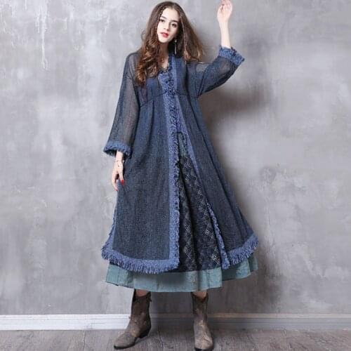 Fall Spring Vintage Casual Women Hollow Out Tassel Placket Blue Cardigan Coat , 2019 Woman Female Loose 3/4 Sleeve Knitted Coat