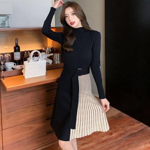 2021 winter Winter Elegant Knitted Dress Warm Thick Half Turtleneck Belted Striped Patchwork Sweater Dress