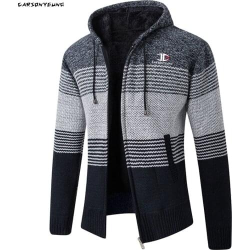 CARSONYEUNG Winter Mens Sweater Coat Faux Fur Wool Sweater Jackets Men Wool Liner Thick Hooded Cardigan Zipper Fleece Coats