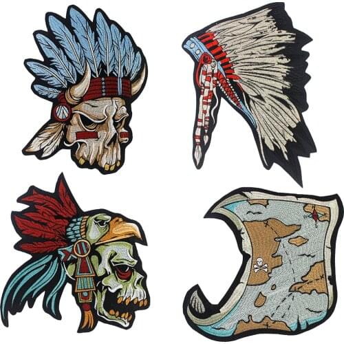 Skeleton Embroidery Map Patches Back Punk Indian Tribe Savage Feather Skull Iron on Patches for Clothing Jacket 2PC P1963