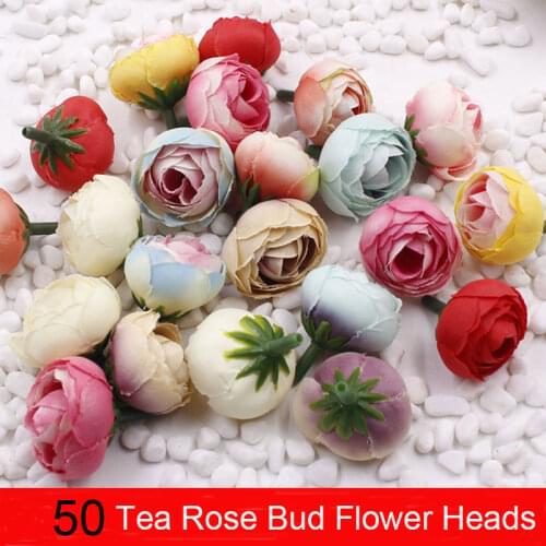 50pcs Artificial Tea Rose Bud small peony flower heads flores wedding car decoration DIY Wreath Handmade Crafts Fake Flowers