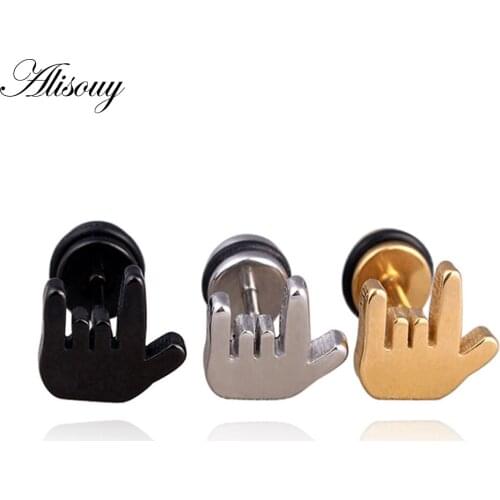 Alisouy 1 pair Punk Cool style Stainless Steel I Love You Finger Hand Mens Ear Studs Earrings fashion ear jewelry for men women