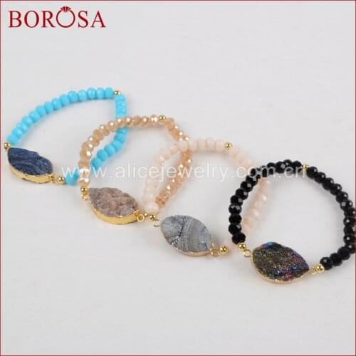 BOROSA Handmade Marquise Gold Color Galaxy Quartz Stone Titanium Rainbow Chalcedony With Rainbow Faceted Beads Bracelet G1280
