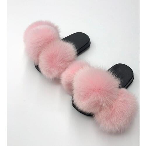 Kids Sliders Baby Fur Slides Cute Pom Pom Plush Real Fox Fur Sandals Flat Girls Shoes Summer 2021 New Arrival 3-12 Years