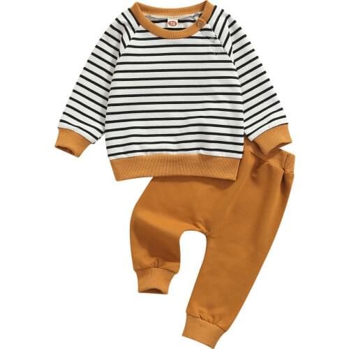 2021 Toddler 2Pcs Kids Autumn Tracksuit, Stripe Long Sleeves Pullover Shirt + Casual Pants for Little Boys Girls 0-24 Months