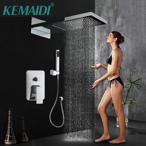 KEMAIDI Chrome Polished Rainfall Bathroom Shower Faucet Sets Hand Shower 3 Functions Shower Kit Tap Wall Mount Taps