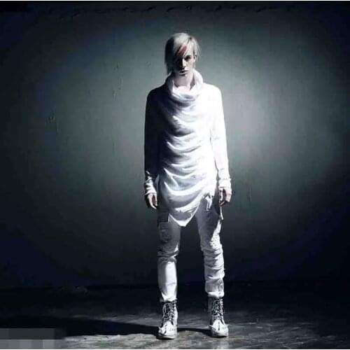 Trendy Korean long sleeve t-shirt mens slim and handsome pile pleated long top thin spring and autumn oversize hooded irregular