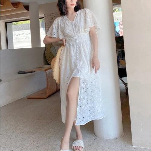 GypsyLady White Boho Midi Dress Cotton Vintage Chic Holiday Dress Women Hollow Out Button 23XL Plus Size Sexy Ladies Dresses