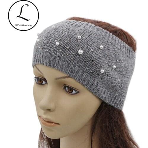 GZHILOVINGL 2017 White Pearl Rhinestone Hairbands Headbands For Women Girls Wool Warm Wide Headwear Hair Accessories For Women