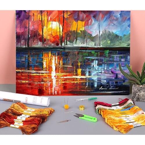 Oil Painting Style Lake Printed Fabric 11CT Cross-Stitch Patterns DIY Embroidery DMC Threads Handmade Sewing Needle