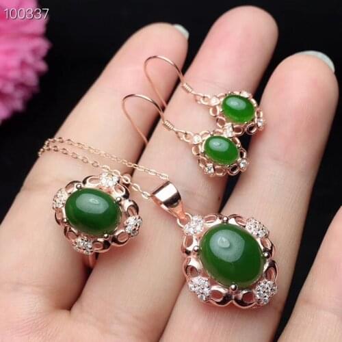 KJJEAXCMY Fine jewelry, 925 sterling silver inlaid natural Jasper lady pendant ring suit support detection