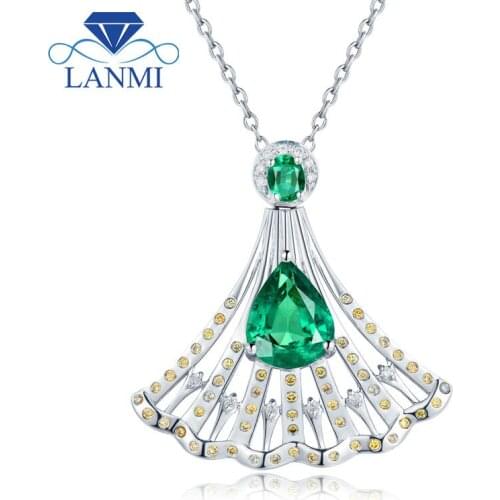 LANMI Solid 14KT Au585 White Gold Fan Shape Emerald Pendant Necklace For Women White Yellow Diamonds Pendants Party Jewelry