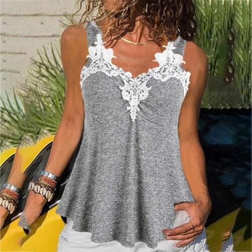 Plus Size 5XL Sexy Woman Tank Top 2021 Summer V-neck Sleeveless Lace Crochet Vest Solid Color Tank Top Woman Fashion Clothing