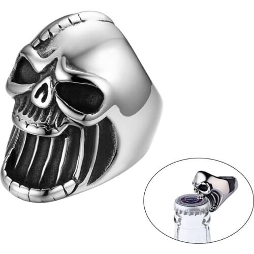 BONISKISS Vintage Gothic Punk Skull Stainless Steel Men Rings Silver Color Biker Ring Jewelry Ring Beer Bottle Opener wholesale