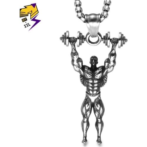 Men Jewelry Dumbbell Necklaces Silver Gold Color Stainless Steel Chains Gym Muscle Pendant Fitness Strong man Necklaces