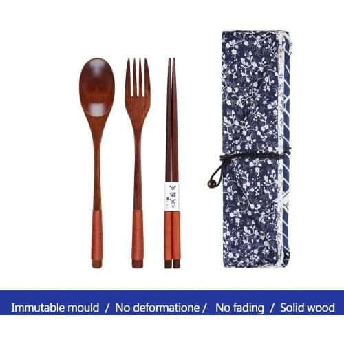 Kitchen spoon 3 piece cutlery set Portable Japanese Style Wooden Chopsticks Spoon Fork Tableware Set Vintage + Blue Bag
