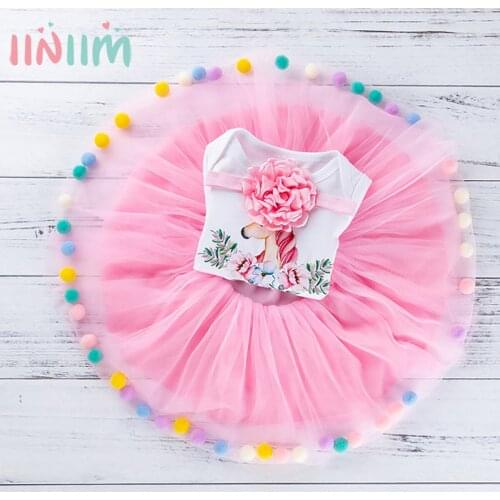 Baby Girls Birthday Princess Outfit Party Clothing Short Sleeve Cartoon Print Romper Tops with Rainbow Tutu Skirt Kids Girls Set