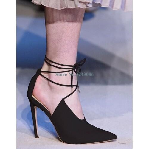 New Black Suede Cross Strap Thin High Heels Pumps Pointed Toe Stiletto Heels Women Shoes Elegant Ankle Lace Up Dress Shoes