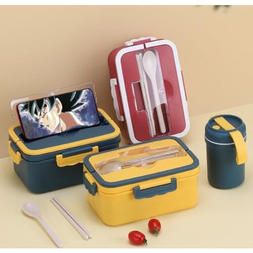 Portable Lunch Bento Box with Spoon Chopsticks Kids Office Worker Wheat Straw Dinnerware Storage Case Leakproof Food Container