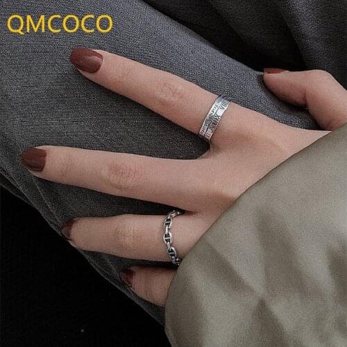 QMCOCO Simple 925 Silver Finger Rings INS Trendy Creative Width Chain Roman Numerals Geometric Ring Vintage Punk Jewelry Gifts