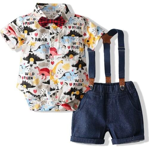 0-24M Newborn Baby Boy Short Sleeve Cartoon Dinosaur Print Bodysuit Tops Suspender Shorts Bottom 2PCS Summer Clothes Set