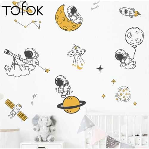 Tofok Cartoon Universe Planet Astronaut Telescope Bedroom Porch Wall Beautification Decorative Wall Stickers DIY Art Wall Decals