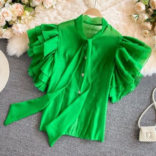 New Vintage Court Style Chiffon Shirt Korean Summer Sweet Ruffles Sleeve Lace-Up Bowknot Solid OL Top Black White Womens Blouses