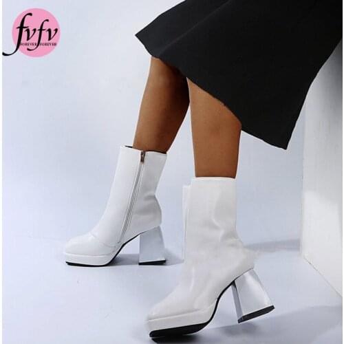 [FVFV]Womens White PU Boots 2021 New Toe Stretch Patent Leather Black All-match Single Thick Heel Short fashion shiny shoes