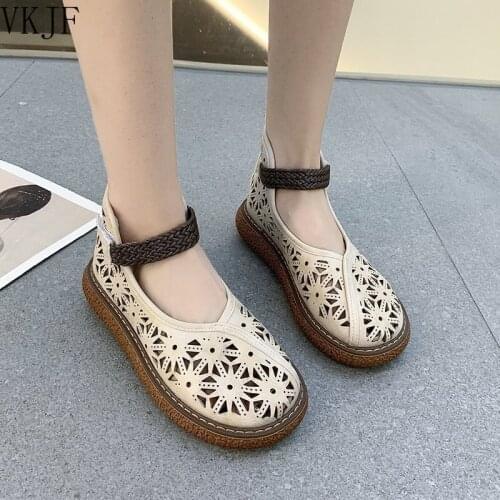 Retro Womens Sandals 2021 Spring New Ethnic Style Hollow Sandals Womens Boots A Word Buckle with Shallow Mouth Toe Cap Sandals