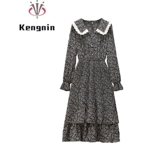 2021 Spring Women Lace Patchwork Dress Chiffon Ladies Print Floral Vestidos Plus Size 4XL Female Robe Dress Sailor Collar KE917