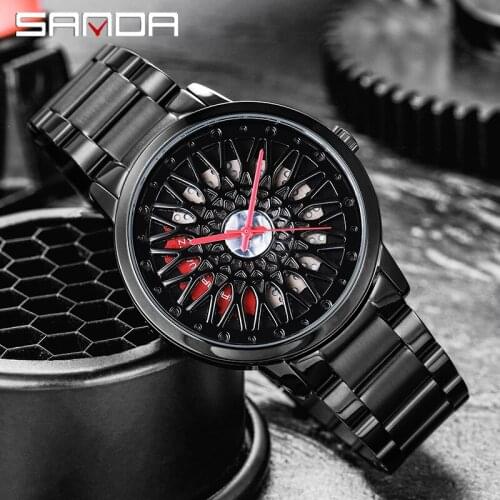 SANDA 2021 Fashion Rim Watch Center Custom Design Sports Car Rim Sports Watch Waterproof Creative Personality Hollow Watch P1060