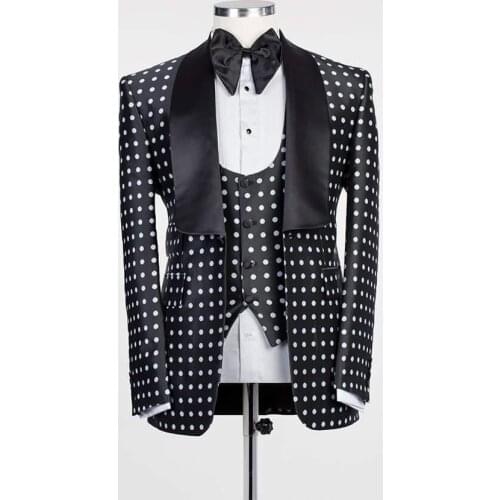 Black Dots Groom Tuxedos Shawl Lapel Slim Fit Groomsmen Mens Wedding Fashion Man Jacket Blazer Business Suit (Jacket+Pants+Vest)