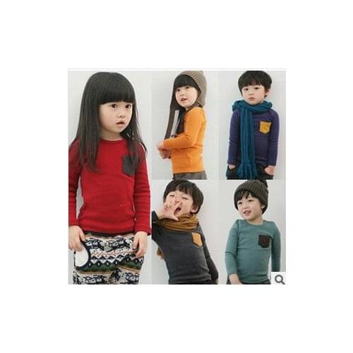 Kid Solid Cotton T-shirt Fashion Children Long Sleeve Pocket Deco Tops Boy Girl Clothes Tees Pullover Toddler Baby Casual Blouse