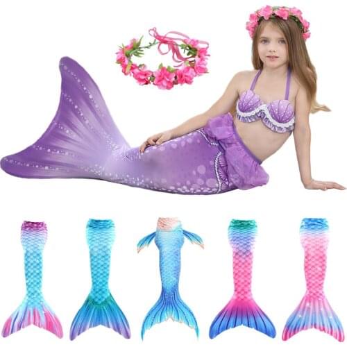 Children Mermaid Swimming Suit 4pcs Mermaid Tails Swimmable Swimsuit Mermaid Costume Clothes Swimwear Bikini Sets For Girls Kids
