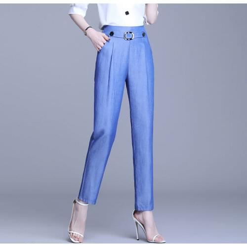 2021 Tencel Jeans Womens Summer Casual Office Lady Thin Straight Denim Pants High Elastic Waist Ice Silk Trousers Plus Size