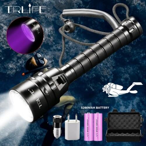 IP68 Waterproof LED Scuba LED Diving Flashlight 5L2 5UV Flash Light Lantern Torch 200M Underwater Purple White Ultraviolet Light