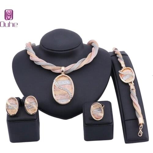 Exquisite Dubai Gold Crystal 3 Colors Chain Jewelry Set Luxury Nigerian Woman Wedding Fashion African Beads Jewelry Set